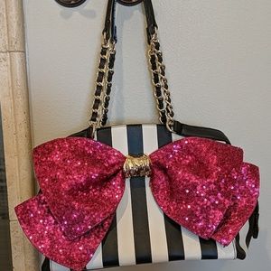 Betsy Johnson sequin pink bow black white stripe